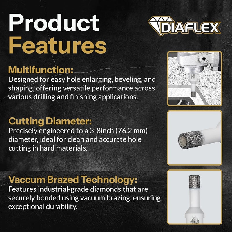DIAFLEX Premium Brazed Core Bit – 3/8" Diamond Hole Saw for Porcelain, Ceramic, Stone, Dekton – 5/8"-11 Thread – Fast Clean Cuts – Vacuum Brazed – Wet or Dry Use - Image 4
